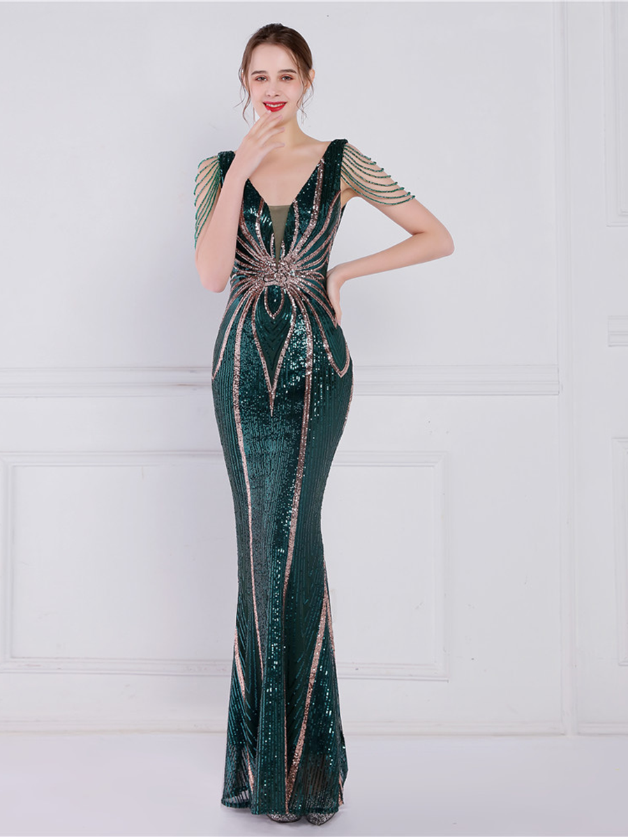 V Neck Elegant Multicolor Maxi Sequin Prom Dress