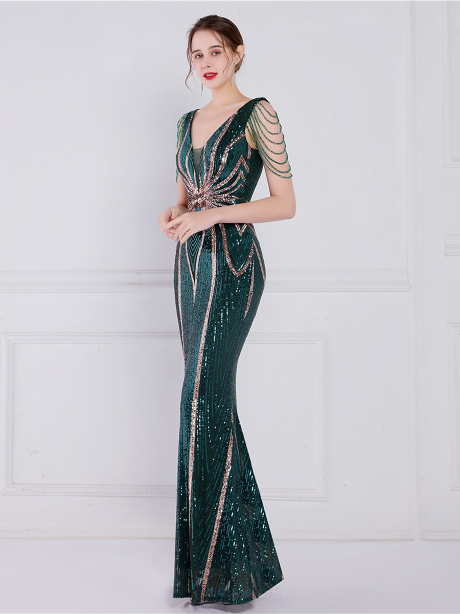 V Neck Elegant Multicolor Maxi Sequin Prom Dress