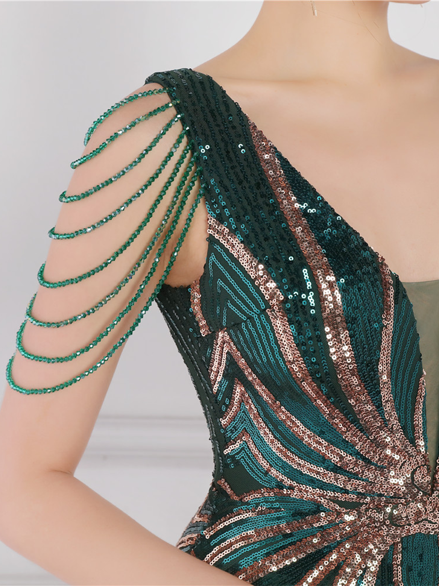 V Neck Elegant Multicolor Maxi Sequin Prom Dress