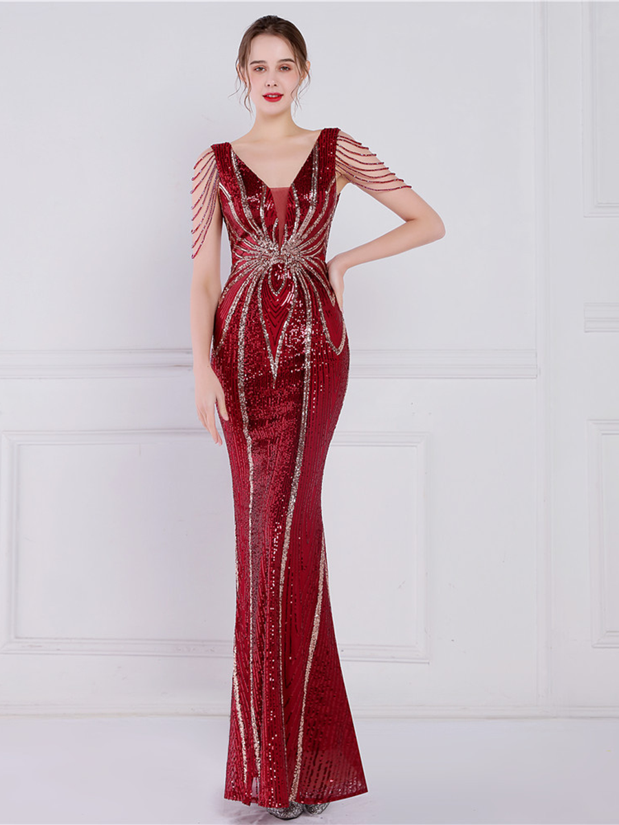 V Neck Elegant Multicolor Maxi Sequin Prom Dress