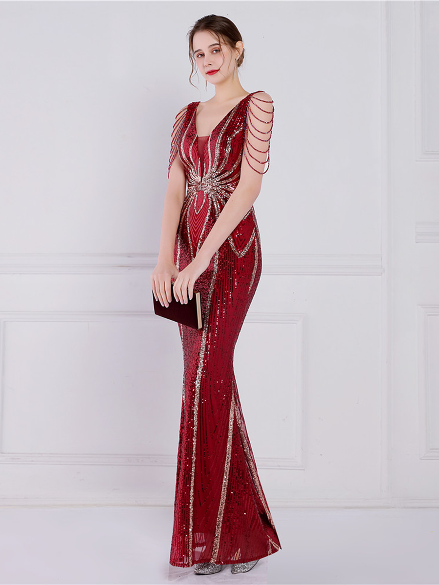 V Neck Elegant Multicolor Maxi Sequin Prom Dress