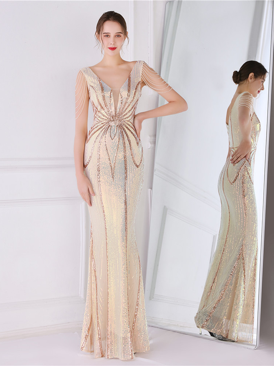 V Neck Elegant Multicolor Maxi Sequin Prom Dress