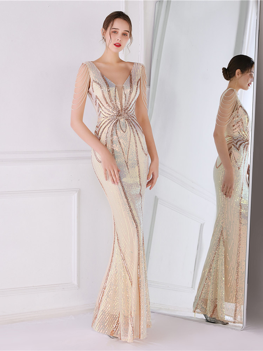 V Neck Elegant Multicolor Maxi Sequin Prom Dress