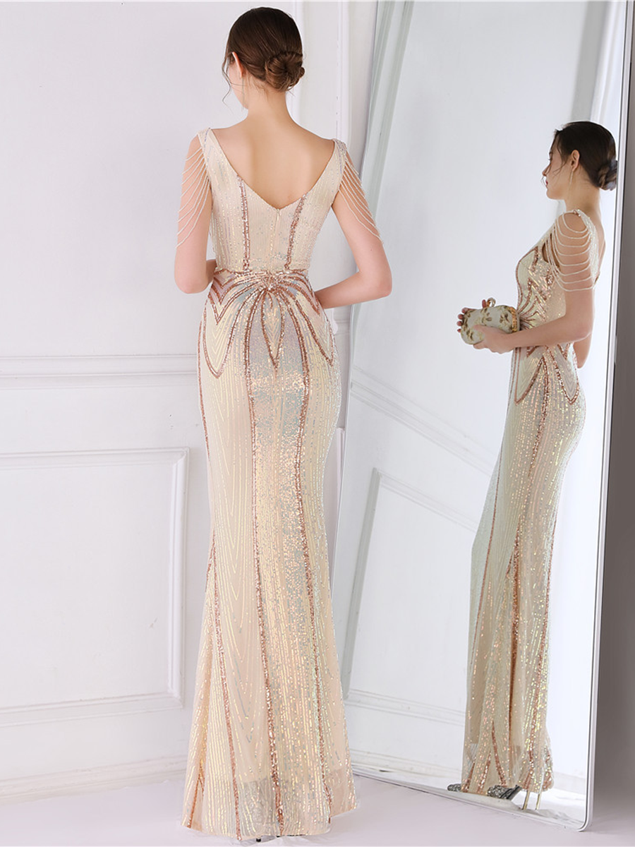V Neck Elegant Multicolor Maxi Sequin Prom Dress