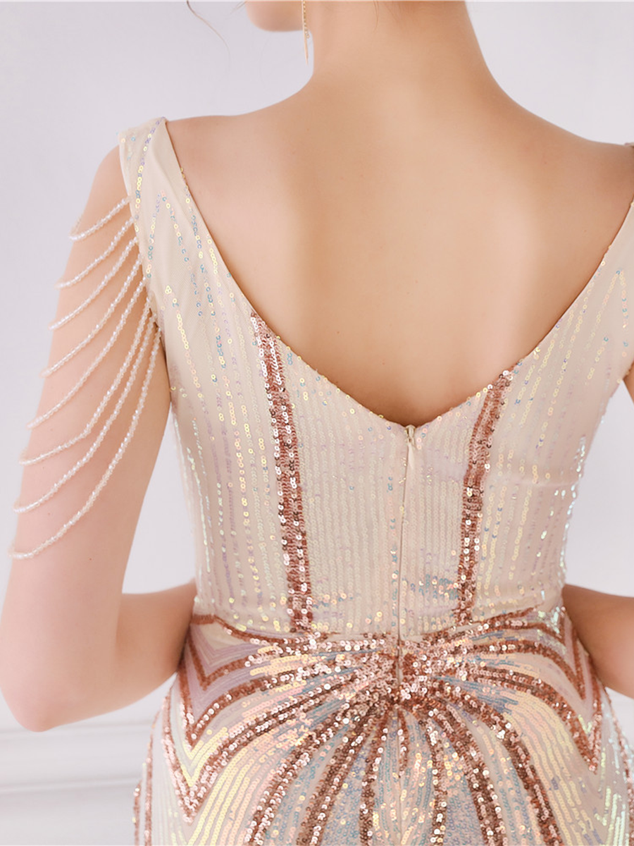 V Neck Elegant Multicolor Maxi Sequin Prom Dress