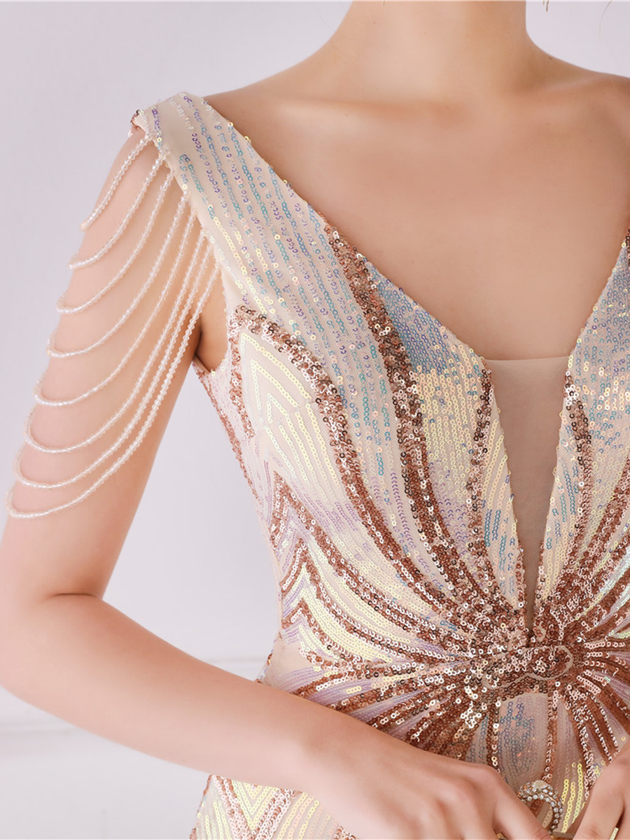 V Neck Elegant Multicolor Maxi Sequin Prom Dress