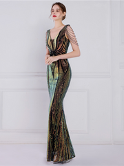 V Neck Elegant Multicolor Maxi Sequin Prom Dress