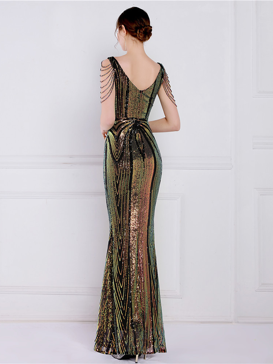 V Neck Elegant Multicolor Maxi Sequin Prom Dress
