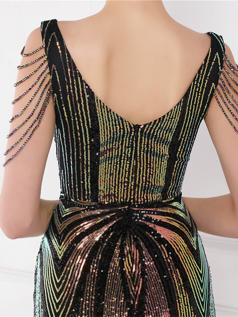 V Neck Elegant Multicolor Maxi Sequin Prom Dress