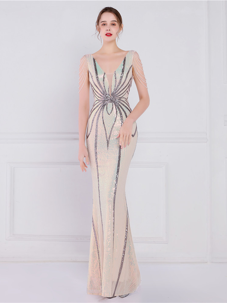 V Neck Elegant Multicolor Maxi Sequin Prom Dress