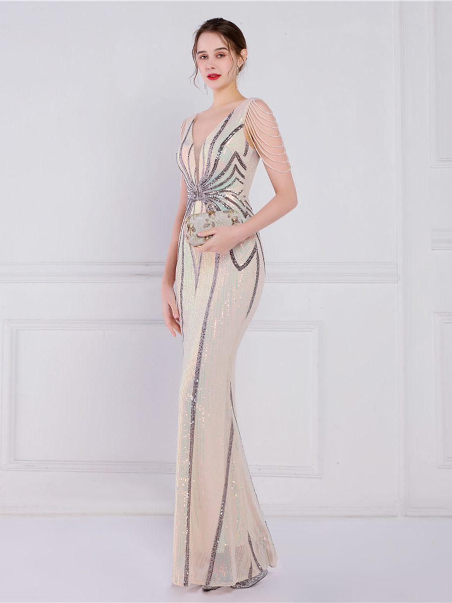 V Neck Elegant Multicolor Maxi Sequin Prom Dress