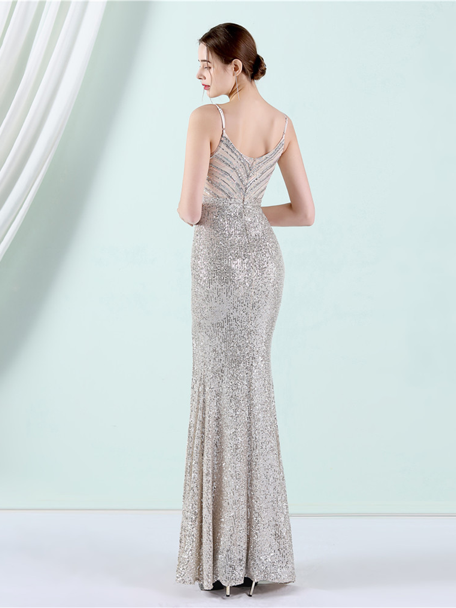 Slit Thigh Backless Green Sequin Formal Dress
