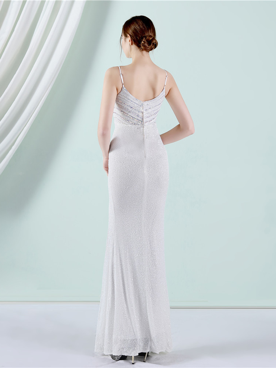 Slit Thigh Backless Green Sequin Formal Dress