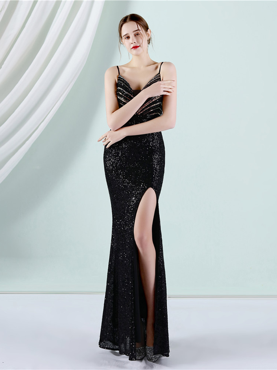 Slit Thigh Backless Green Sequin Formal Dress
