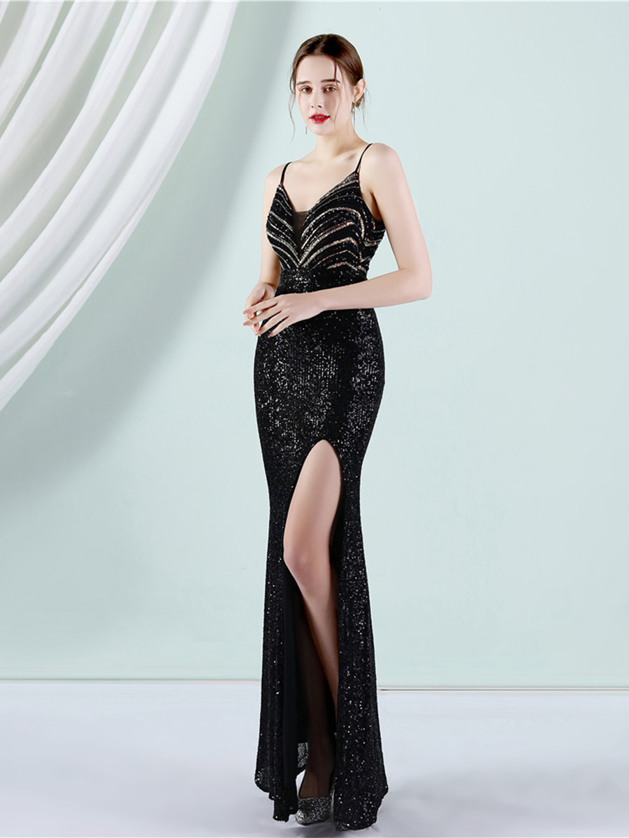 Slit Thigh Backless Green Sequin Formal Dress