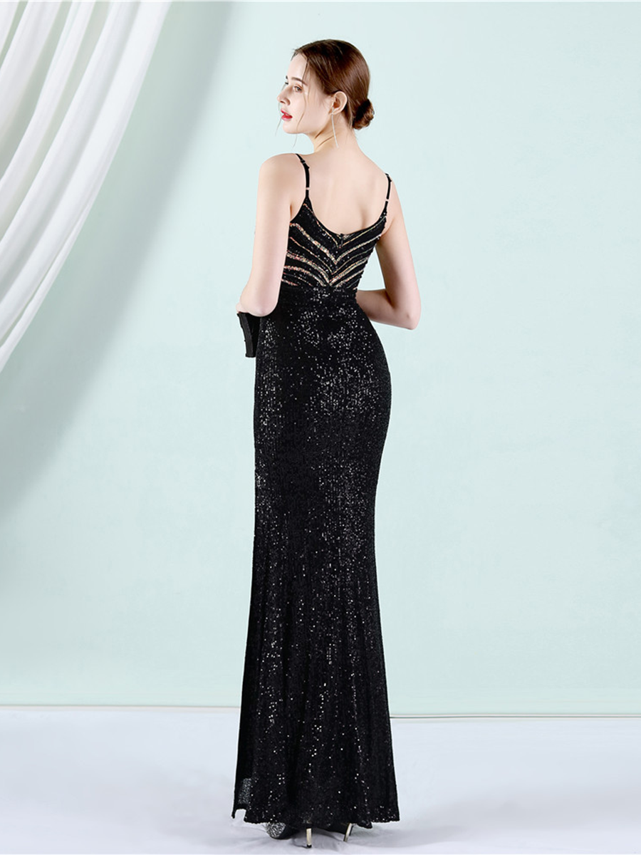 Slit Thigh Backless Green Sequin Formal Dress