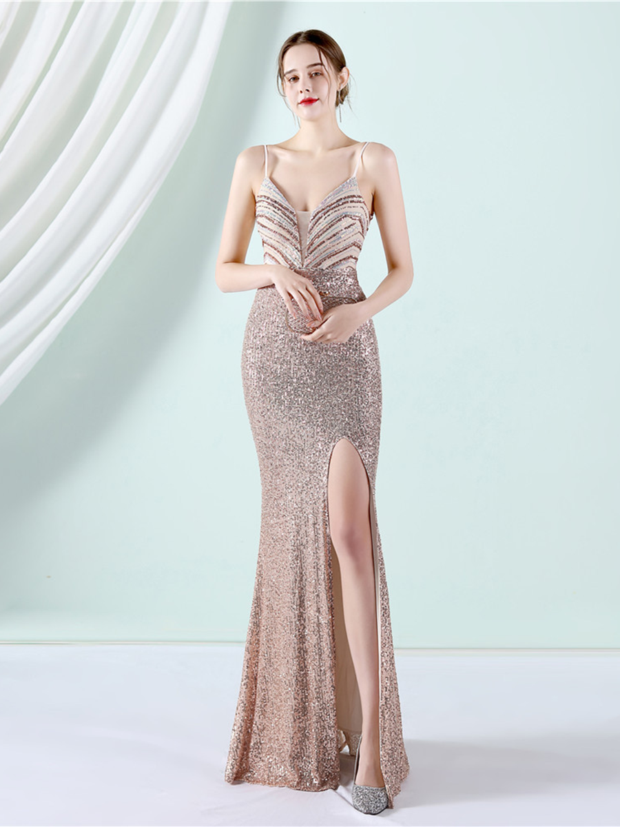 Slit Thigh Backless Green Sequin Formal Dress