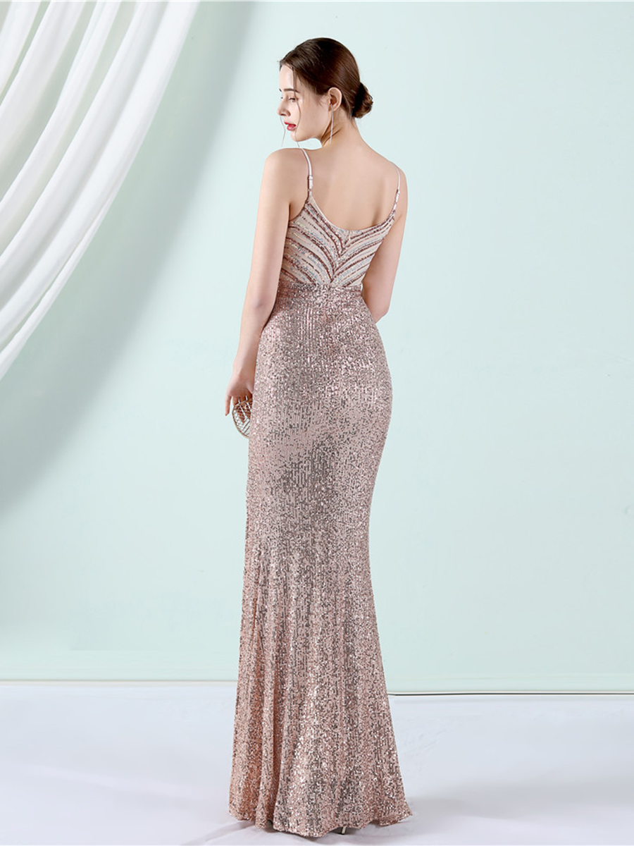 Slit Thigh Backless Green Sequin Formal Dress