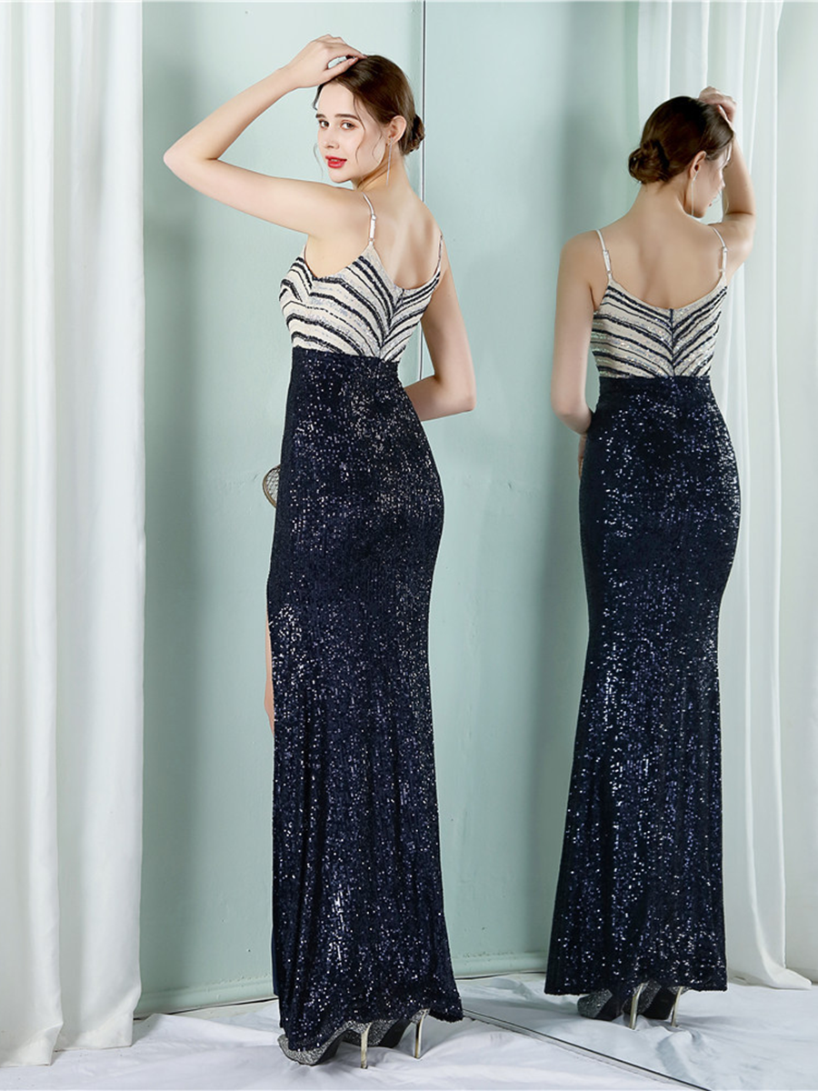 Slit Thigh Backless Green Sequin Formal Dress