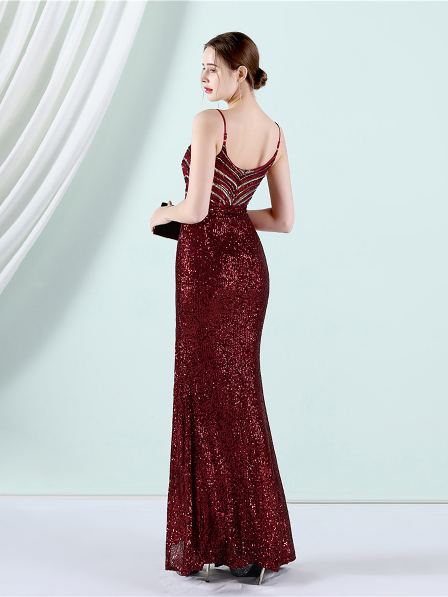 Slit Thigh Backless Green Sequin Formal Dress