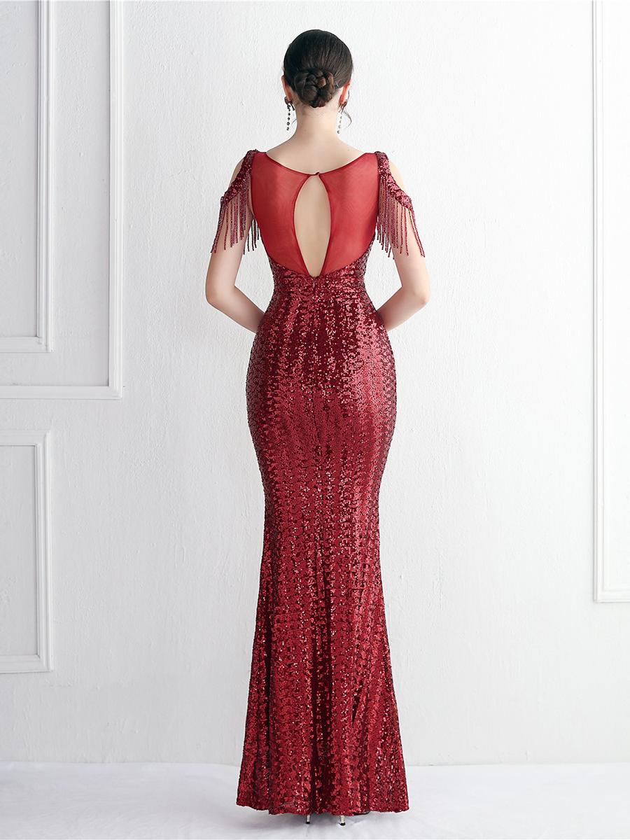 Cold Shoulder Fringed Sequin Black Evening Dress