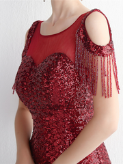 Cold Shoulder Fringed Sequin Black Evening Dress