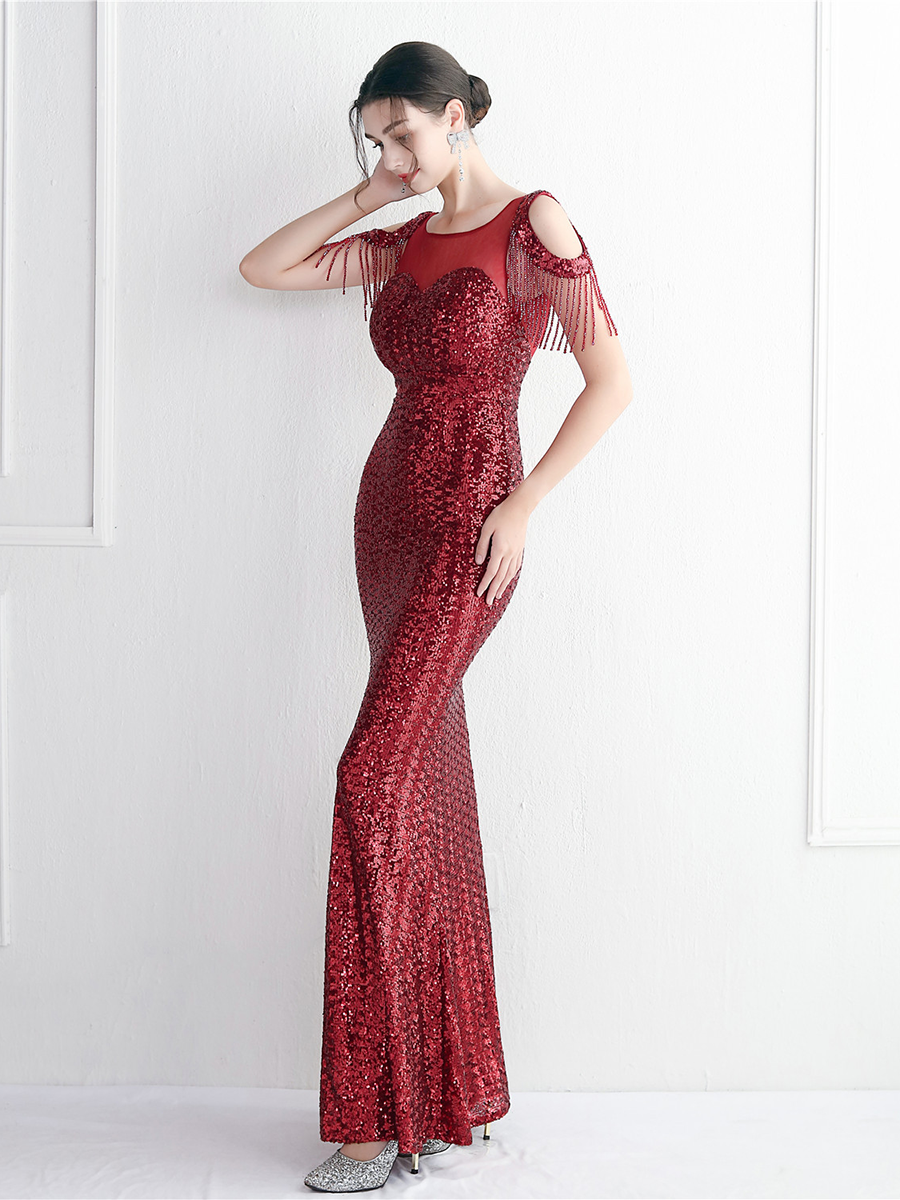 Cold Shoulder Fringed Sequin Black Evening Dress