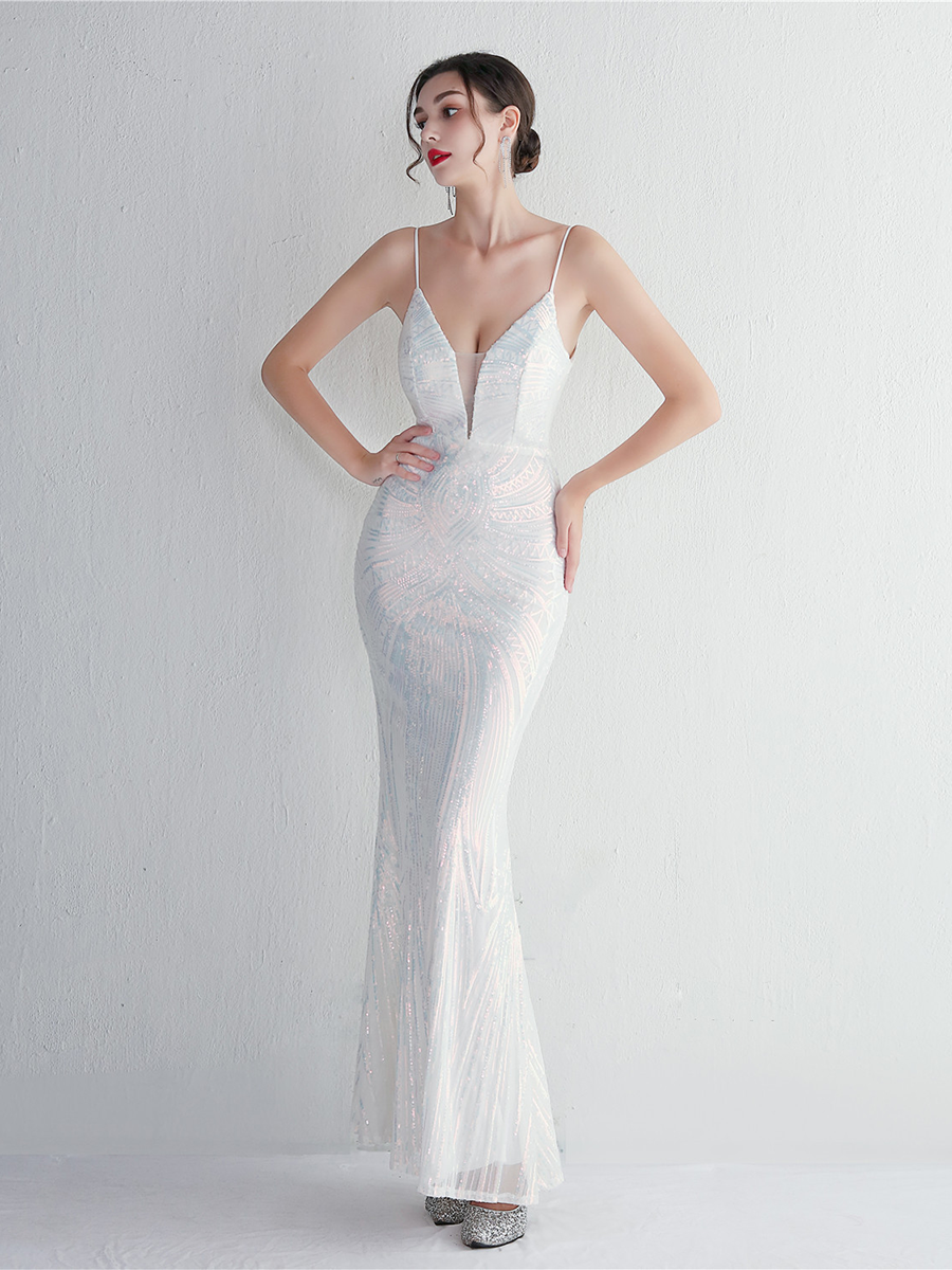 Formal Deep V Neck Spaghetti Sequin Evening Gown