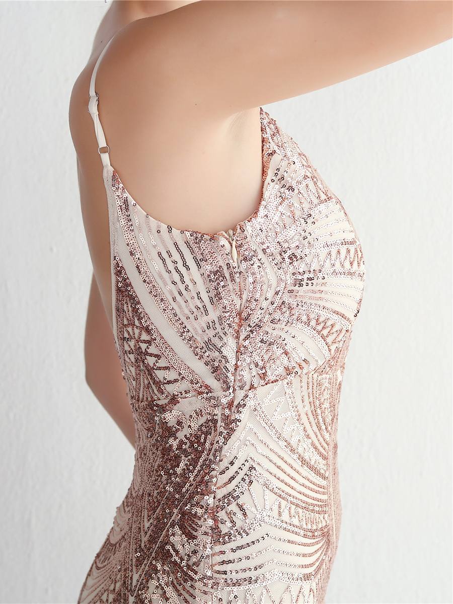 Formal Deep V Neck Spaghetti Sequin Evening Gown