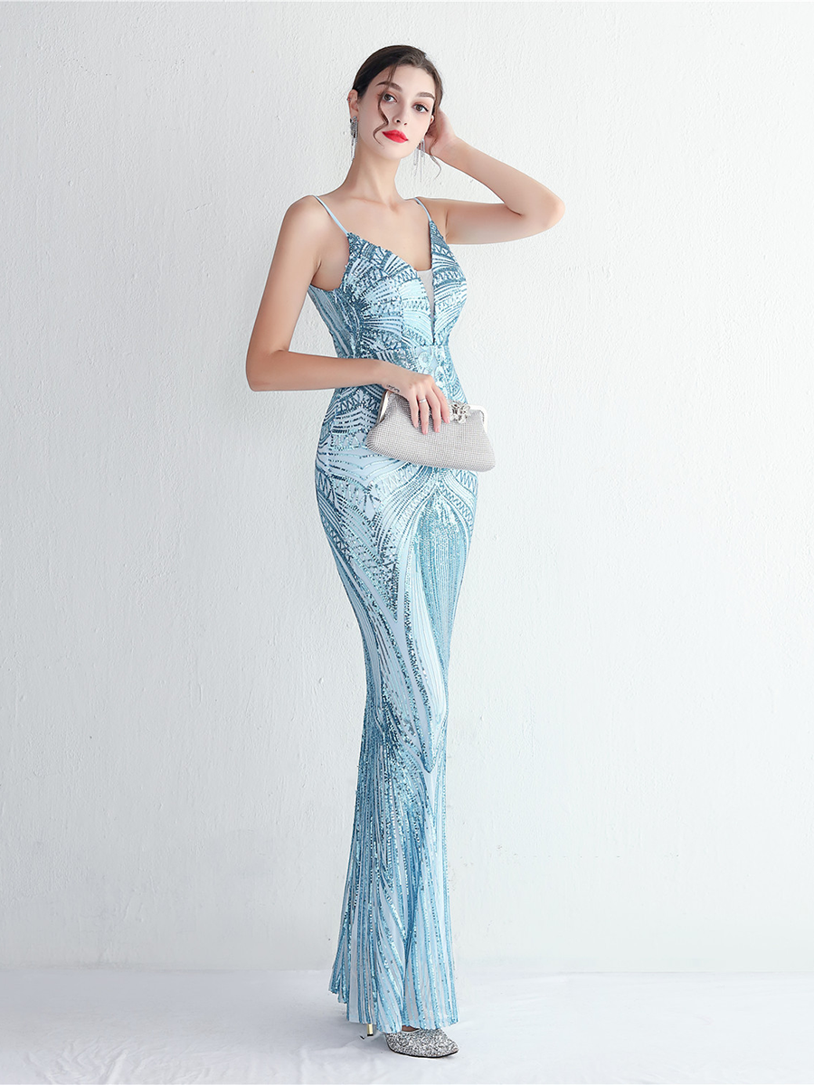 Formal Deep V Neck Spaghetti Sequin Evening Gown