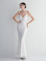 Formal Deep V Neck Spaghetti Sequin Evening Gown