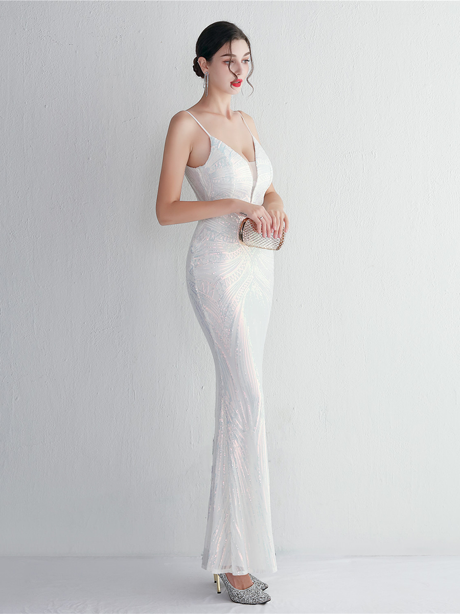 Formal Deep V Neck Spaghetti Sequin Evening Gown