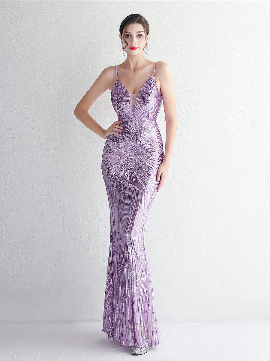 Formal Deep V Neck Spaghetti Sequin Evening Gown