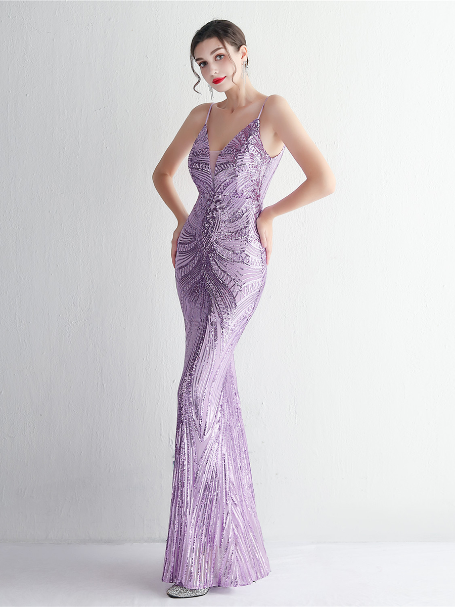 Formal Deep V Neck Spaghetti Sequin Evening Gown