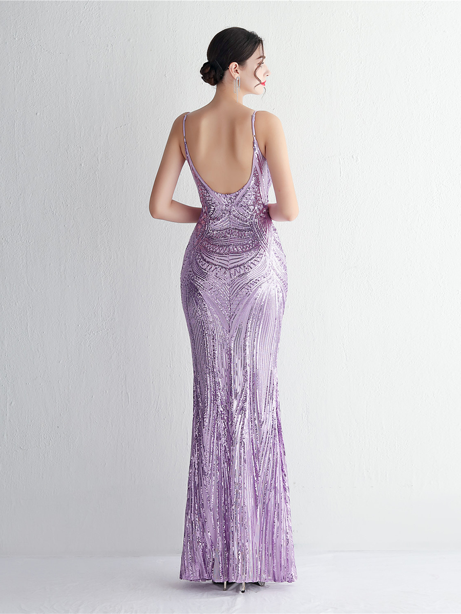 Formal Deep V Neck Spaghetti Sequin Evening Gown