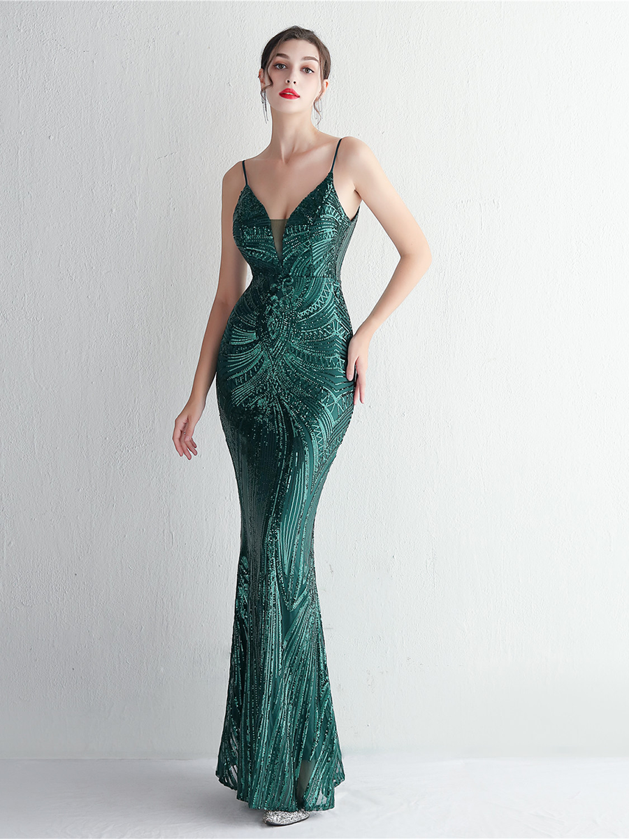 Formal Deep V Neck Spaghetti Sequin Evening Gown