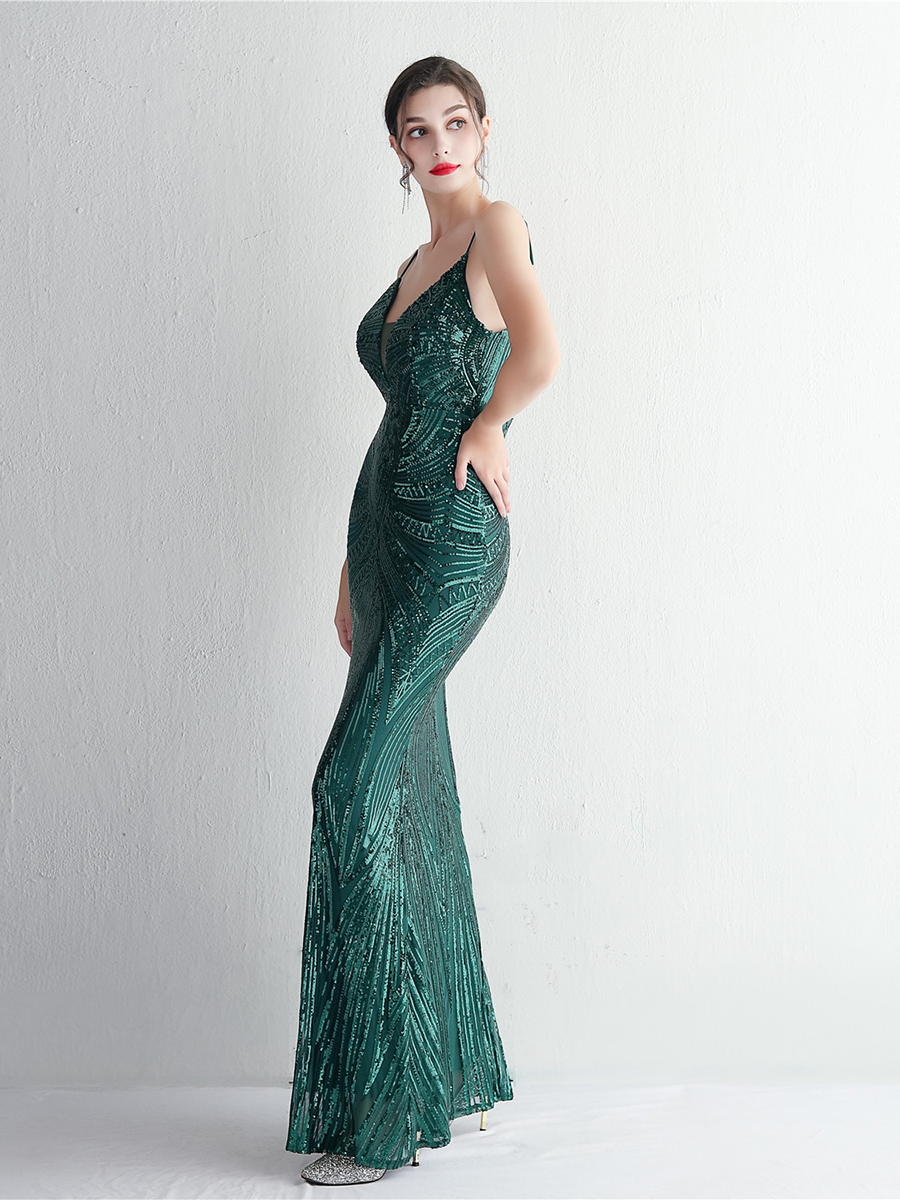 Formal Deep V Neck Spaghetti Sequin Evening Gown