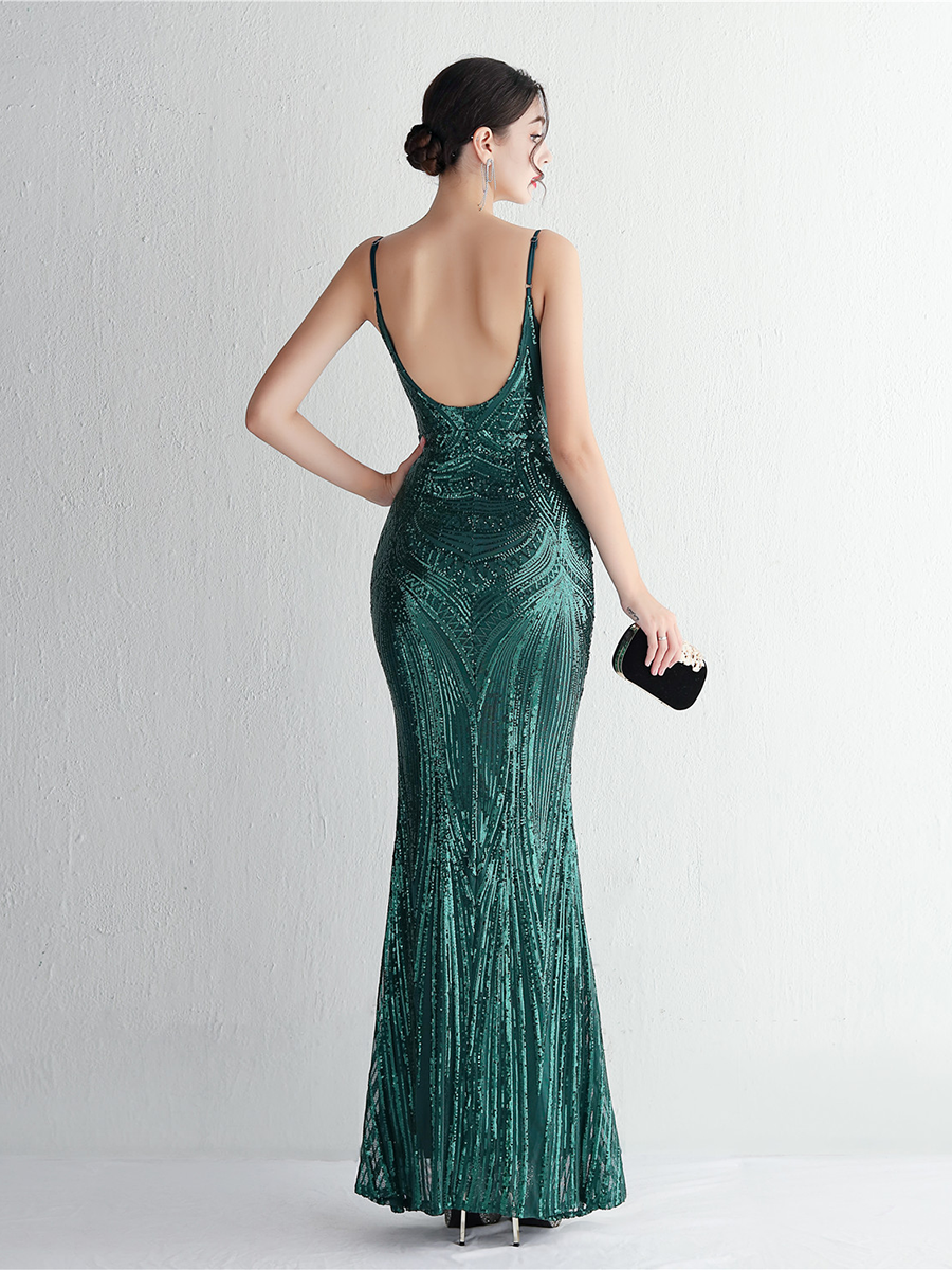 Formal Deep V Neck Spaghetti Sequin Evening Gown