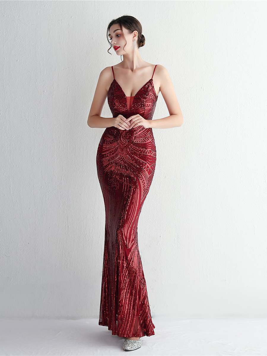 Formal Deep V Neck Spaghetti Sequin Evening Gown