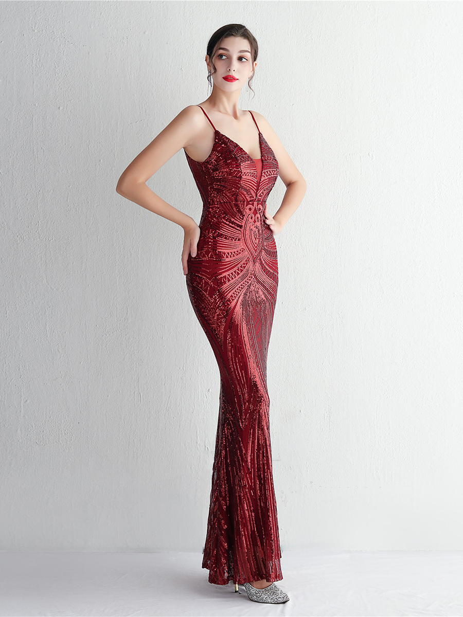 Formal Deep V Neck Spaghetti Sequin Evening Gown