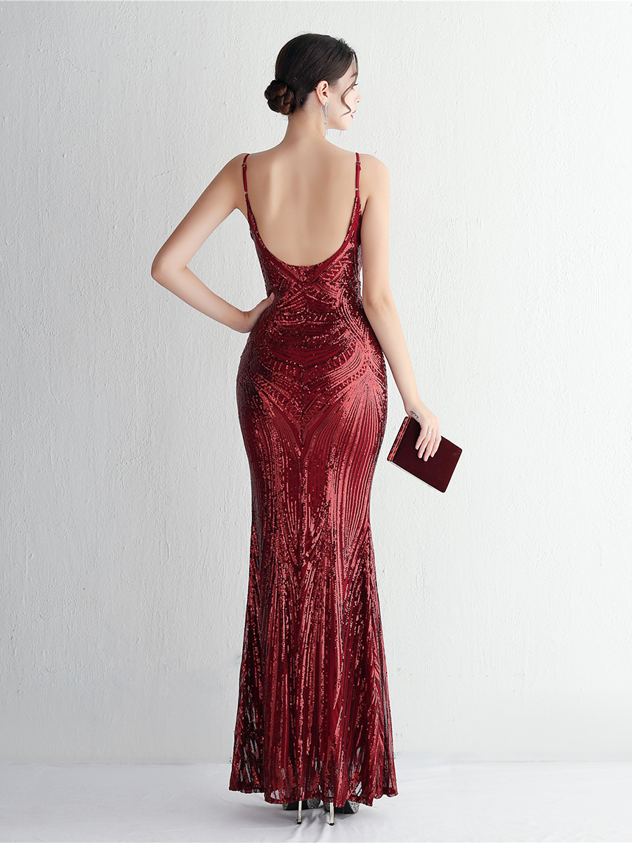 Formal Deep V Neck Spaghetti Sequin Evening Gown