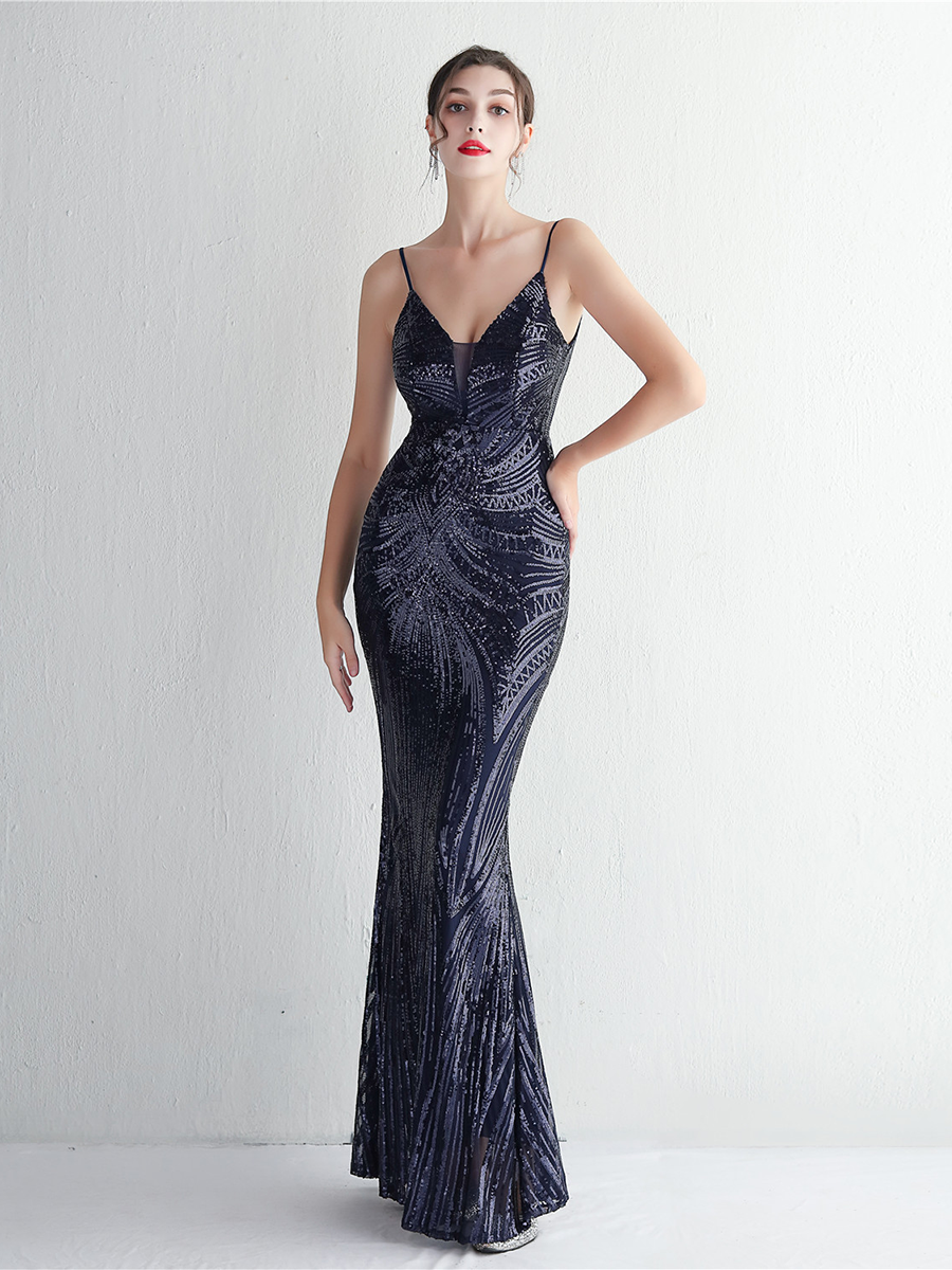 Formal Deep V Neck Spaghetti Sequin Evening Gown