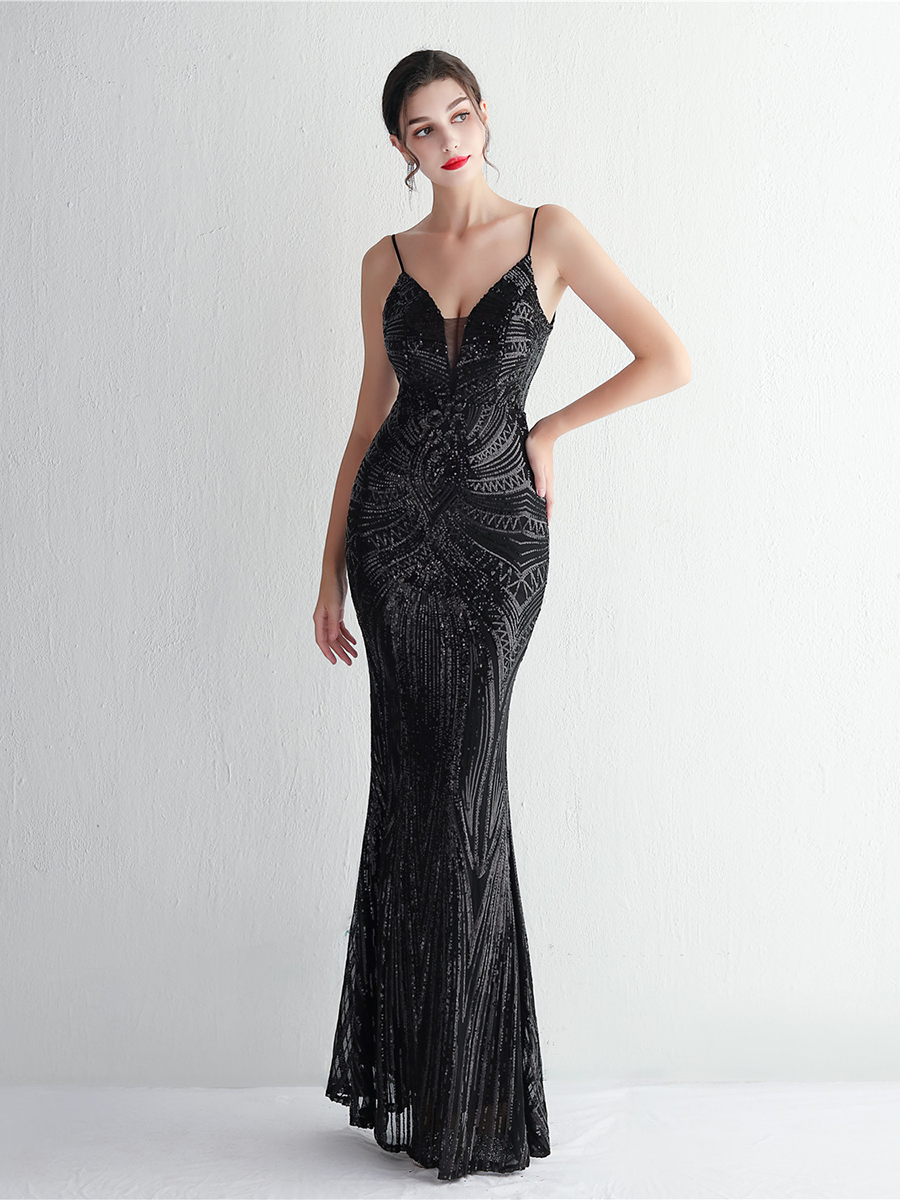 Formal Deep V Neck Spaghetti Sequin Evening Gown