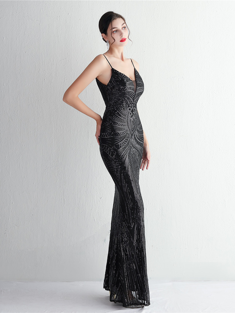 Formal Deep V Neck Spaghetti Sequin Evening Gown