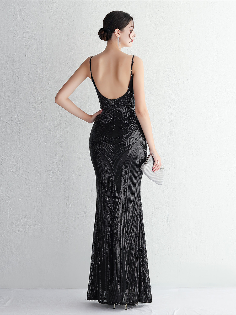 Formal Deep V Neck Spaghetti Sequin Evening Gown