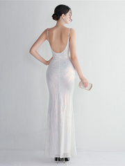 Formal Deep V Neck Spaghetti Sequin Evening Gown