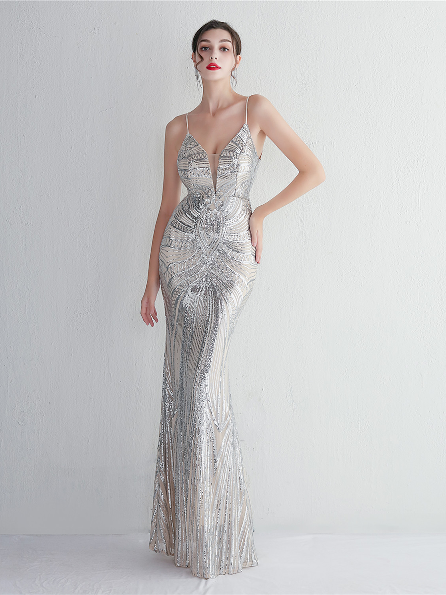 Formal Deep V Neck Spaghetti Sequin Evening Gown