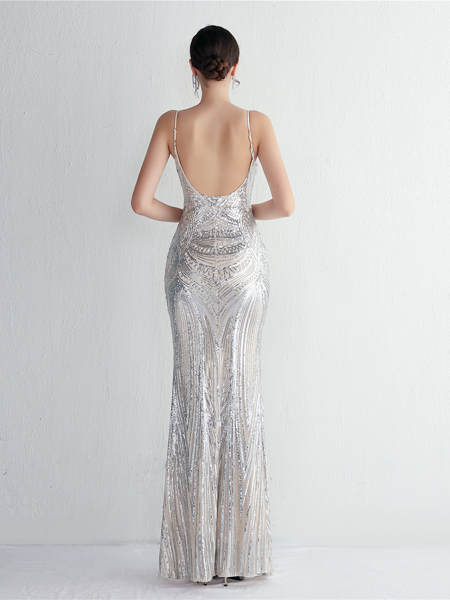 Formal Deep V Neck Spaghetti Sequin Evening Gown