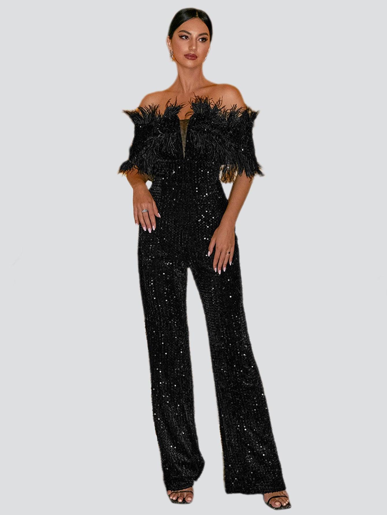 Off Shoulder Feather Jumpsuits