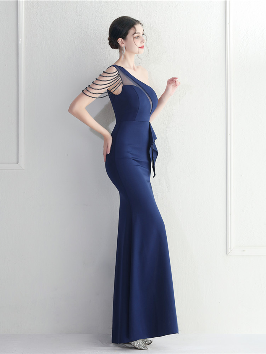 Formal One Shoulder Cutout Black Prom Dress